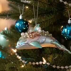 Dolphin Christmas Ornament Blue Glass Nautical Ocean Seaside Jeweled